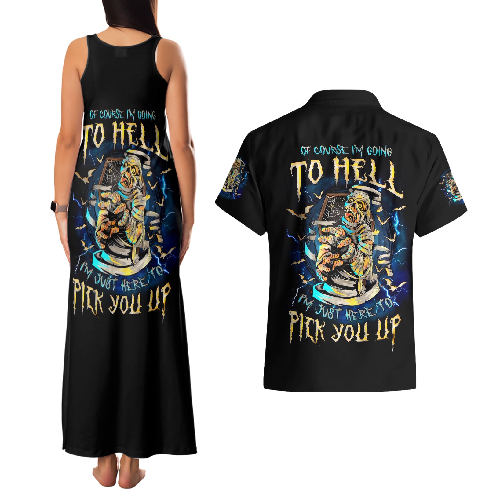 Mummy Skull Couples Matching Tank Maxi Dress and Hawaiian Shirt I'm Going To Hell to Pick You Up
