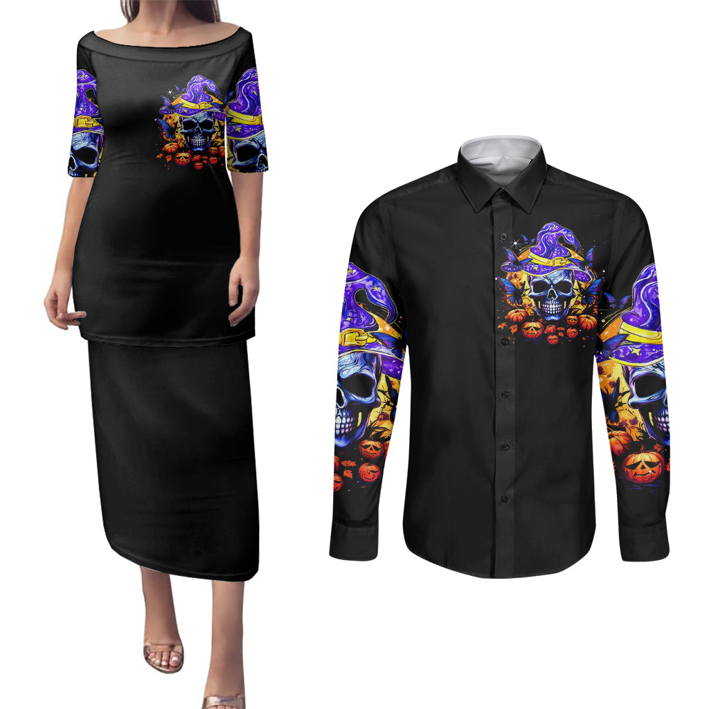 halloween-skull-couples-matching-puletasi-dress-and-long-sleeve-button-shirts-please-excuse-my-resting-witch-face