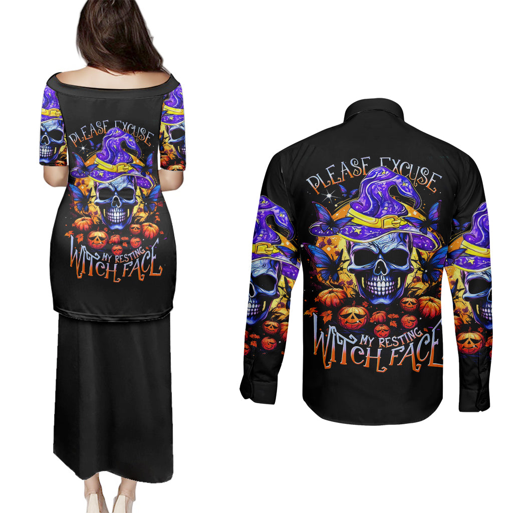 halloween-skull-couples-matching-puletasi-dress-and-long-sleeve-button-shirts-please-excuse-my-resting-witch-face