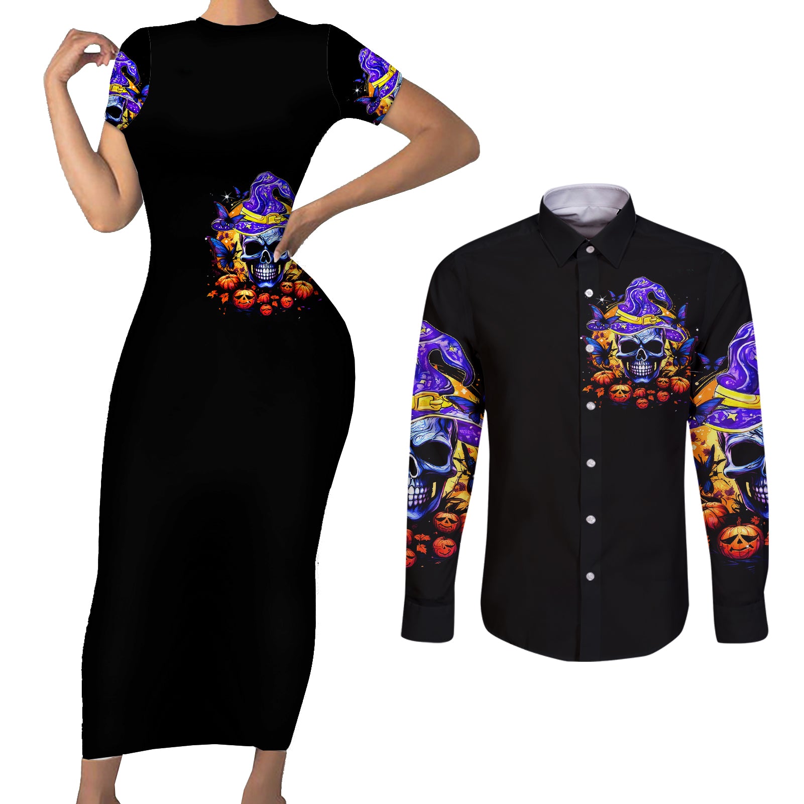 halloween-skull-couples-matching-short-sleeve-bodycon-dress-and-long-sleeve-button-shirts-please-excuse-my-resting-witch-face