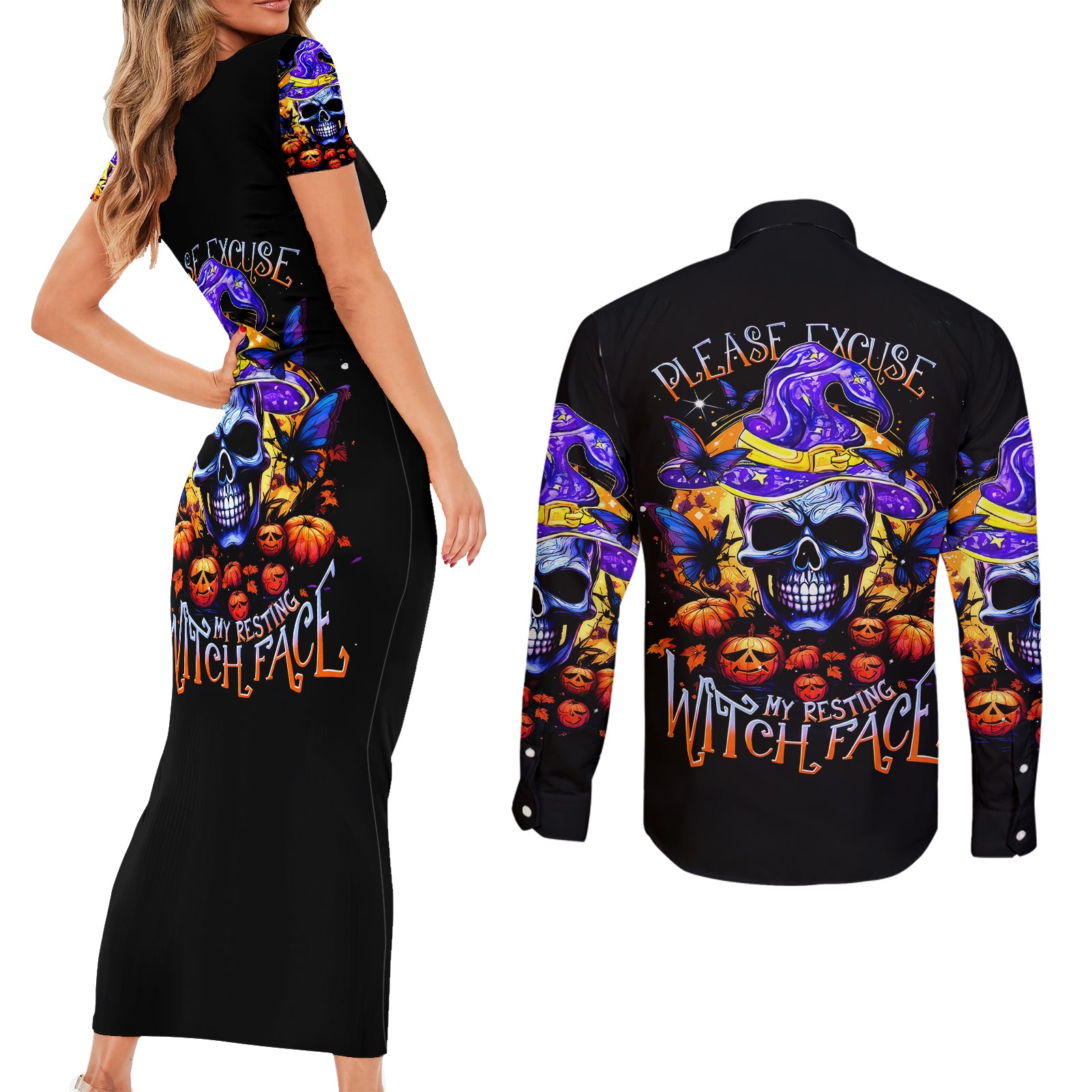 halloween-skull-couples-matching-short-sleeve-bodycon-dress-and-long-sleeve-button-shirts-please-excuse-my-resting-witch-face