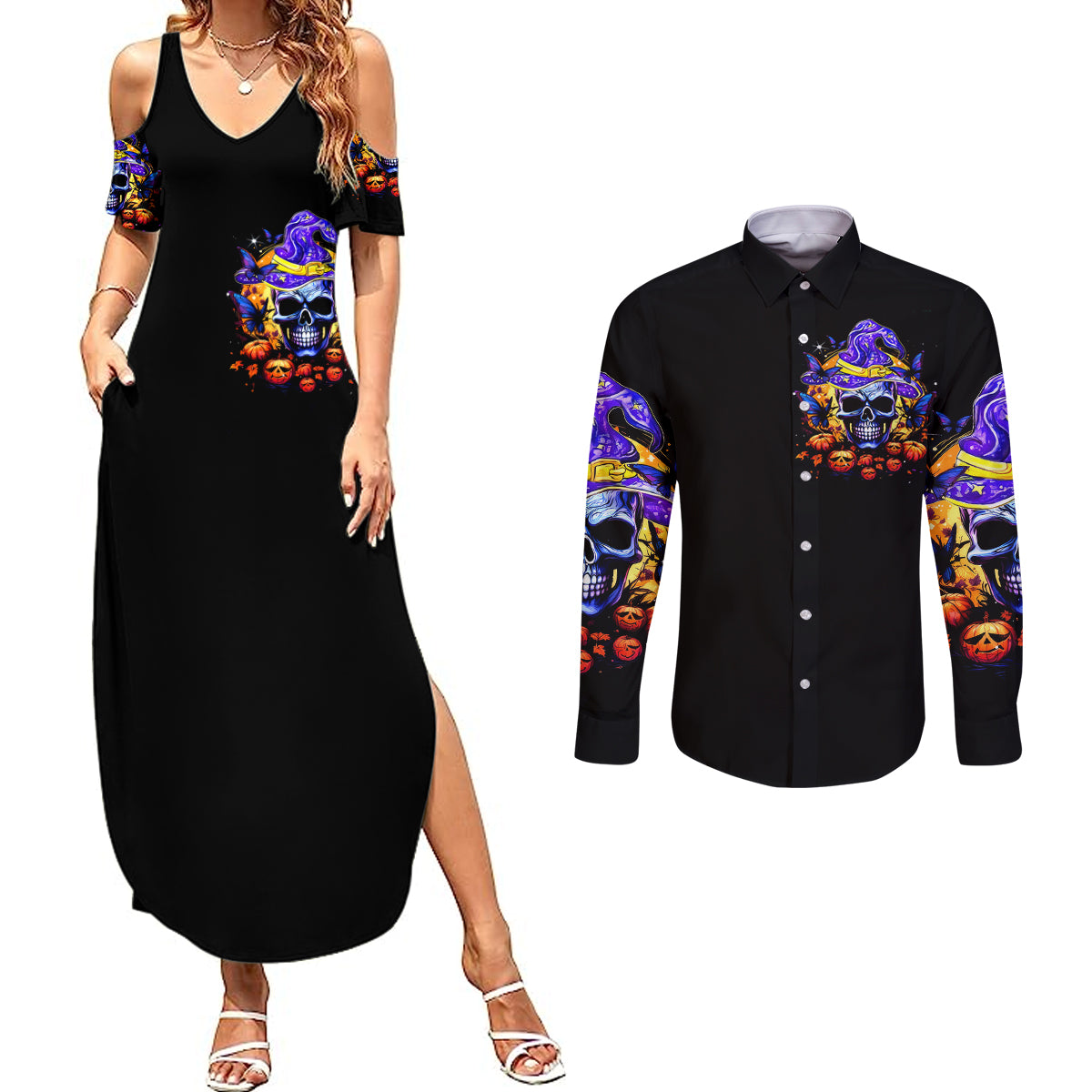 halloween-skull-couples-matching-summer-maxi-dress-and-long-sleeve-button-shirts-please-excuse-my-resting-witch-face
