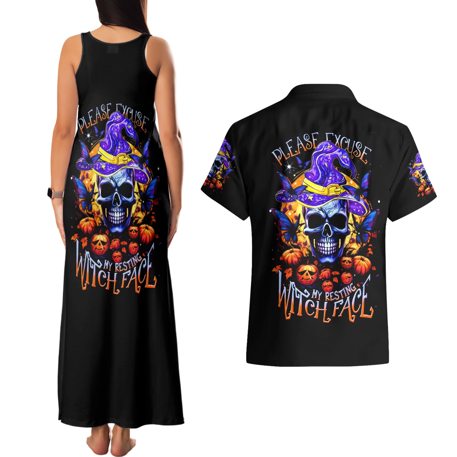 Halloween Skull Couples Matching Tank Maxi Dress and Hawaiian Shirt Please Excuse My Resting Witch Face