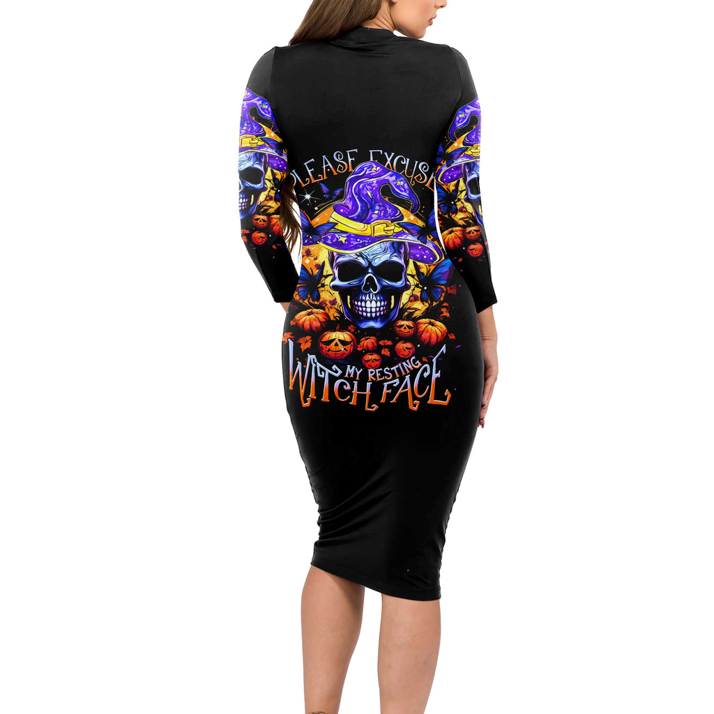 Halloween Skull Long Sleeve Bodycon Dress Please Excuse My Resting Witch Face