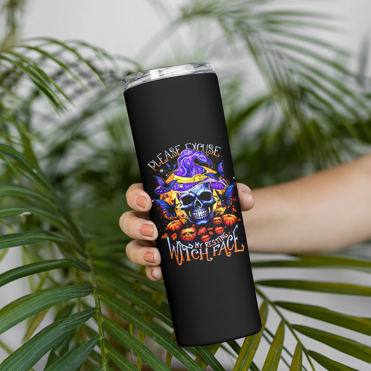 Halloween Skull Skinny Tumbler Please Excuse My Resting Witch Face