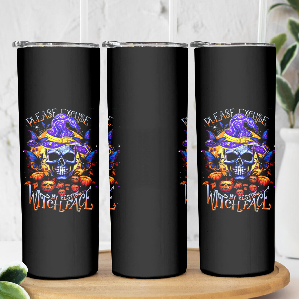 Halloween Skull Skinny Tumbler Please Excuse My Resting Witch Face