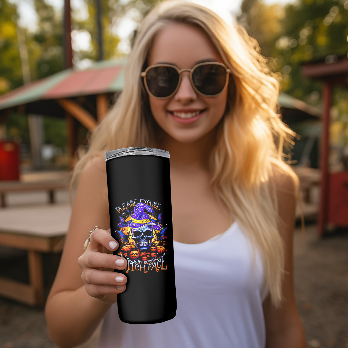 Halloween Skull Skinny Tumbler Please Excuse My Resting Witch Face