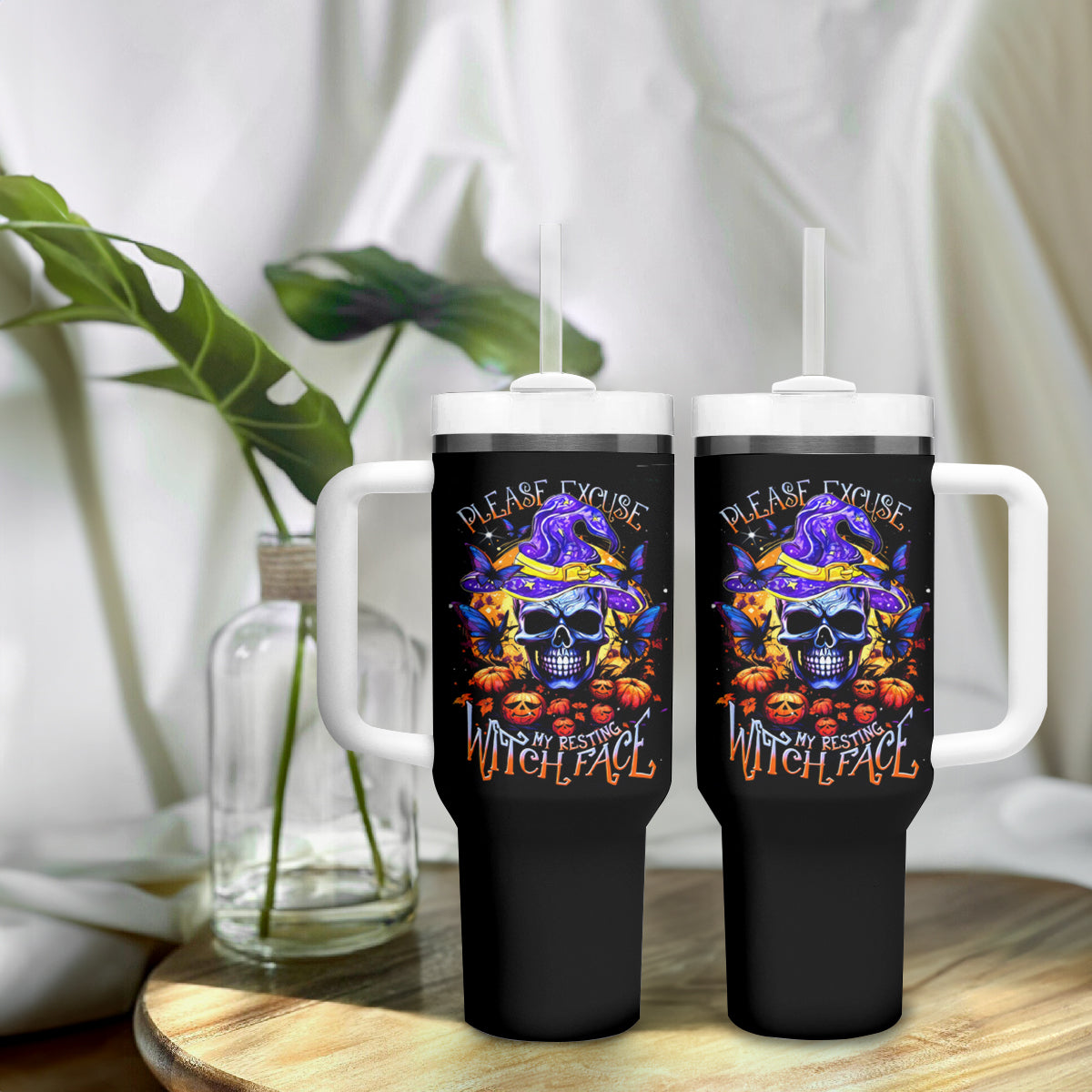 Halloween Skull Tumbler With Handle Please Excuse My Resting Witch Face