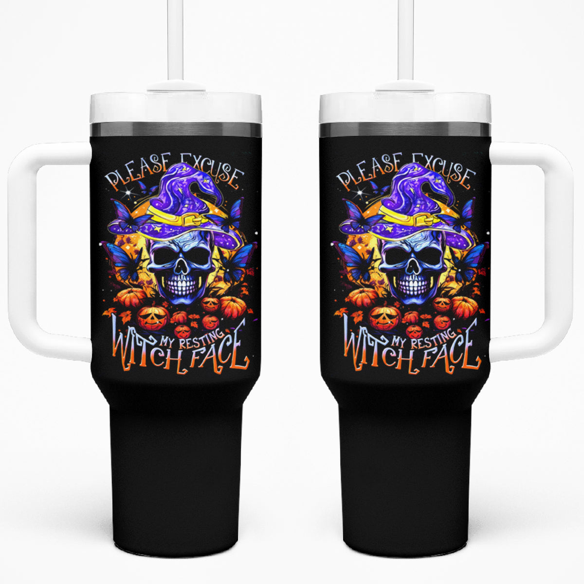Halloween Skull Tumbler With Handle Please Excuse My Resting Witch Face