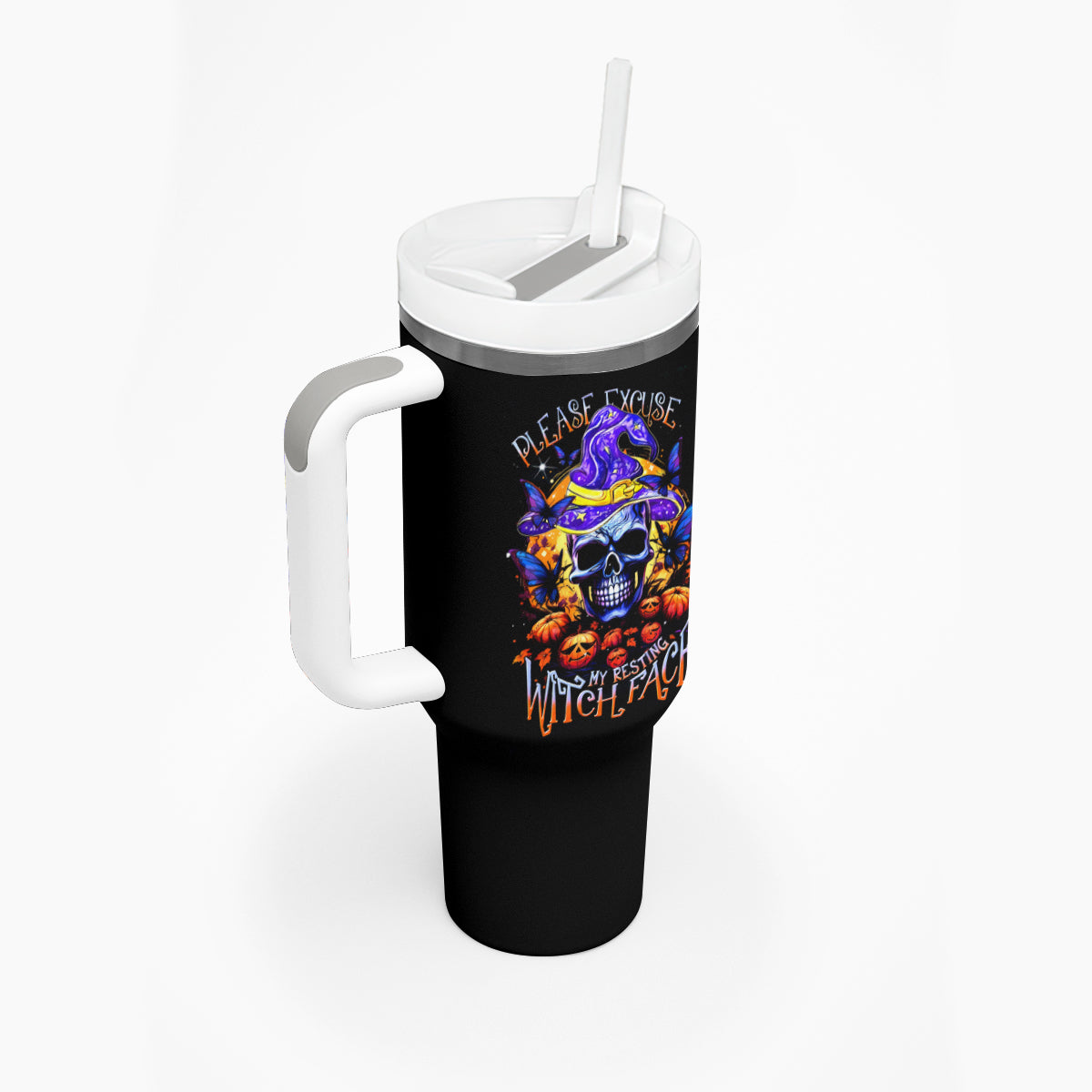 Halloween Skull Tumbler With Handle Please Excuse My Resting Witch Face