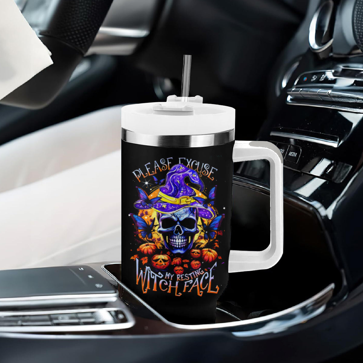 Halloween Skull Tumbler With Handle Please Excuse My Resting Witch Face