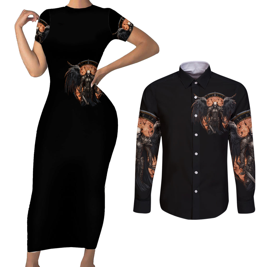 warrior-skull-couples-matching-short-sleeve-bodycon-dress-and-long-sleeve-button-shirts-warriors-are-the-one-who-always-fight