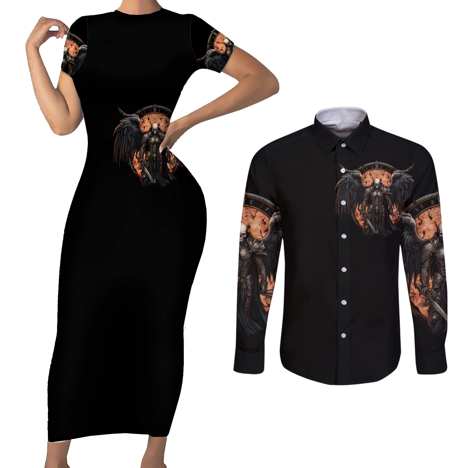 warrior-skull-couples-matching-short-sleeve-bodycon-dress-and-long-sleeve-button-shirts-warriors-are-the-one-who-always-fight