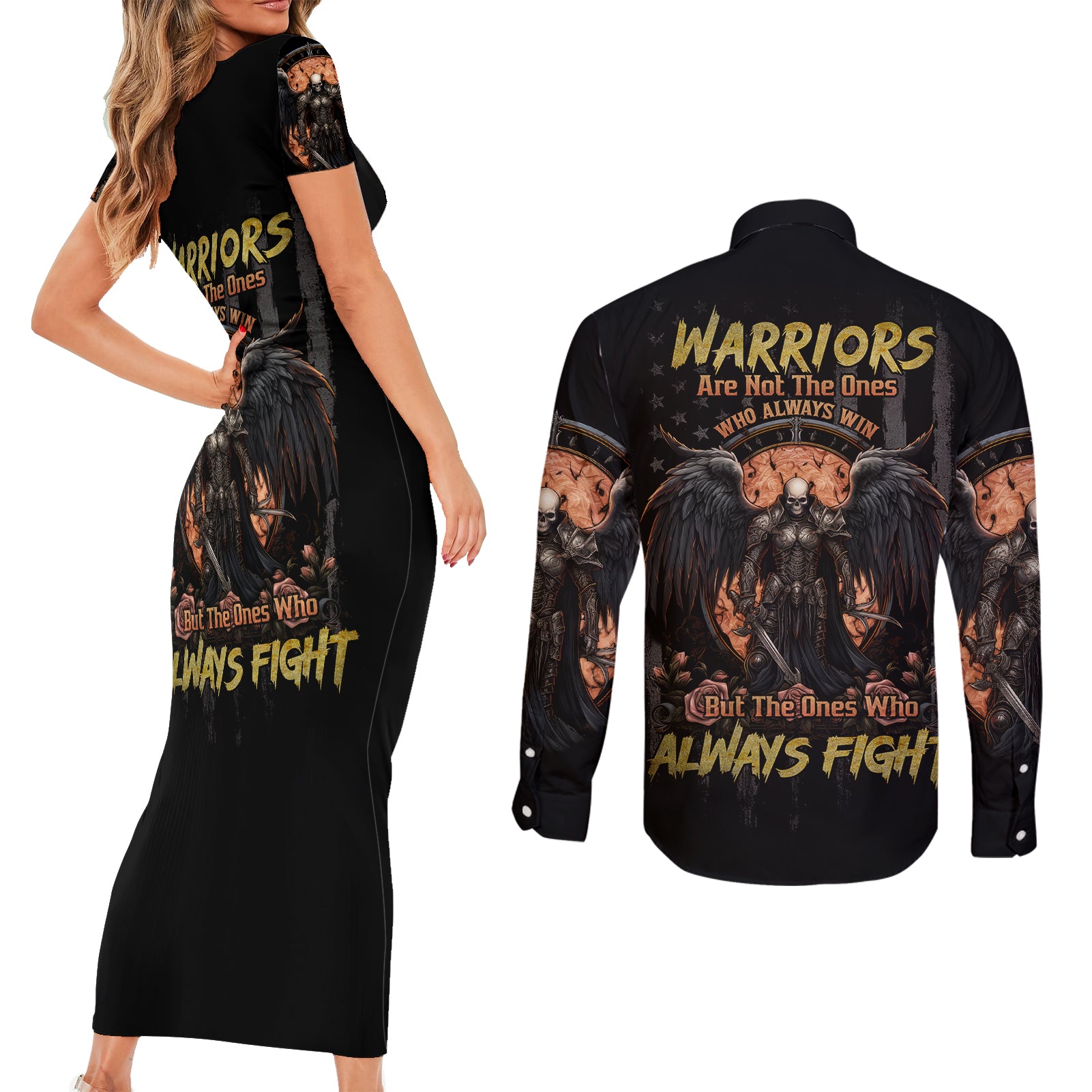 warrior-skull-couples-matching-short-sleeve-bodycon-dress-and-long-sleeve-button-shirts-warriors-are-the-one-who-always-fight