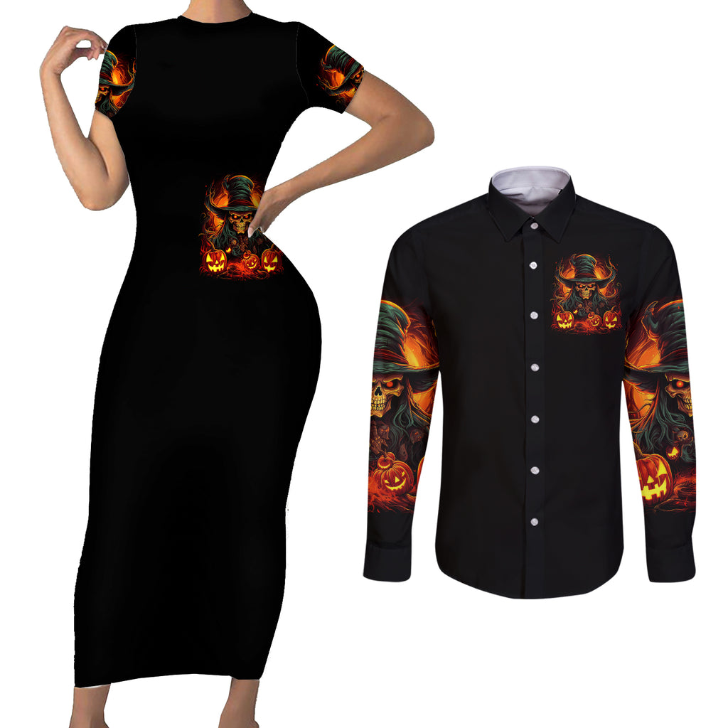 witch-skull-couples-matching-short-sleeve-bodycon-dress-and-long-sleeve-button-shirts-witches-with-hitches
