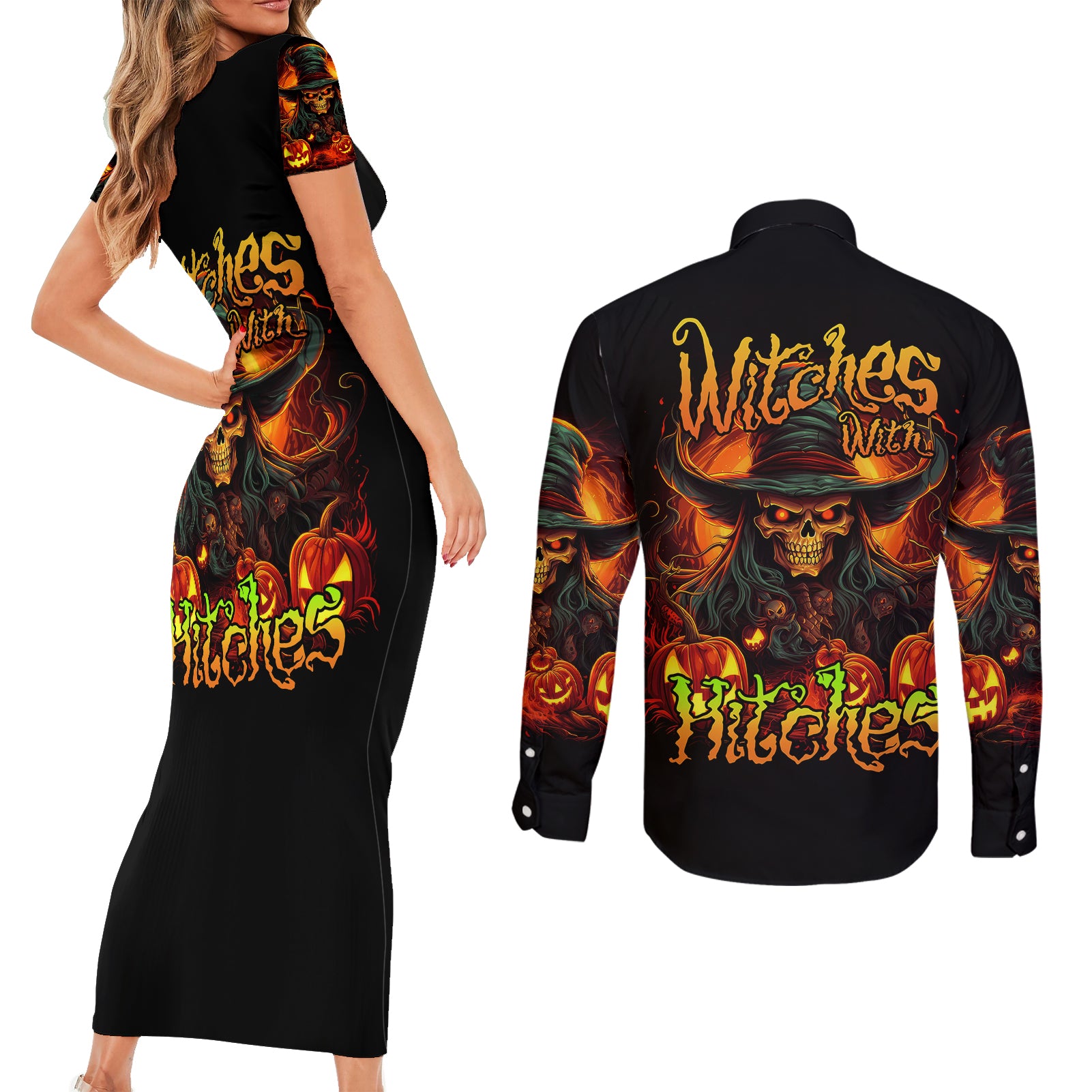 witch-skull-couples-matching-short-sleeve-bodycon-dress-and-long-sleeve-button-shirts-witches-with-hitches
