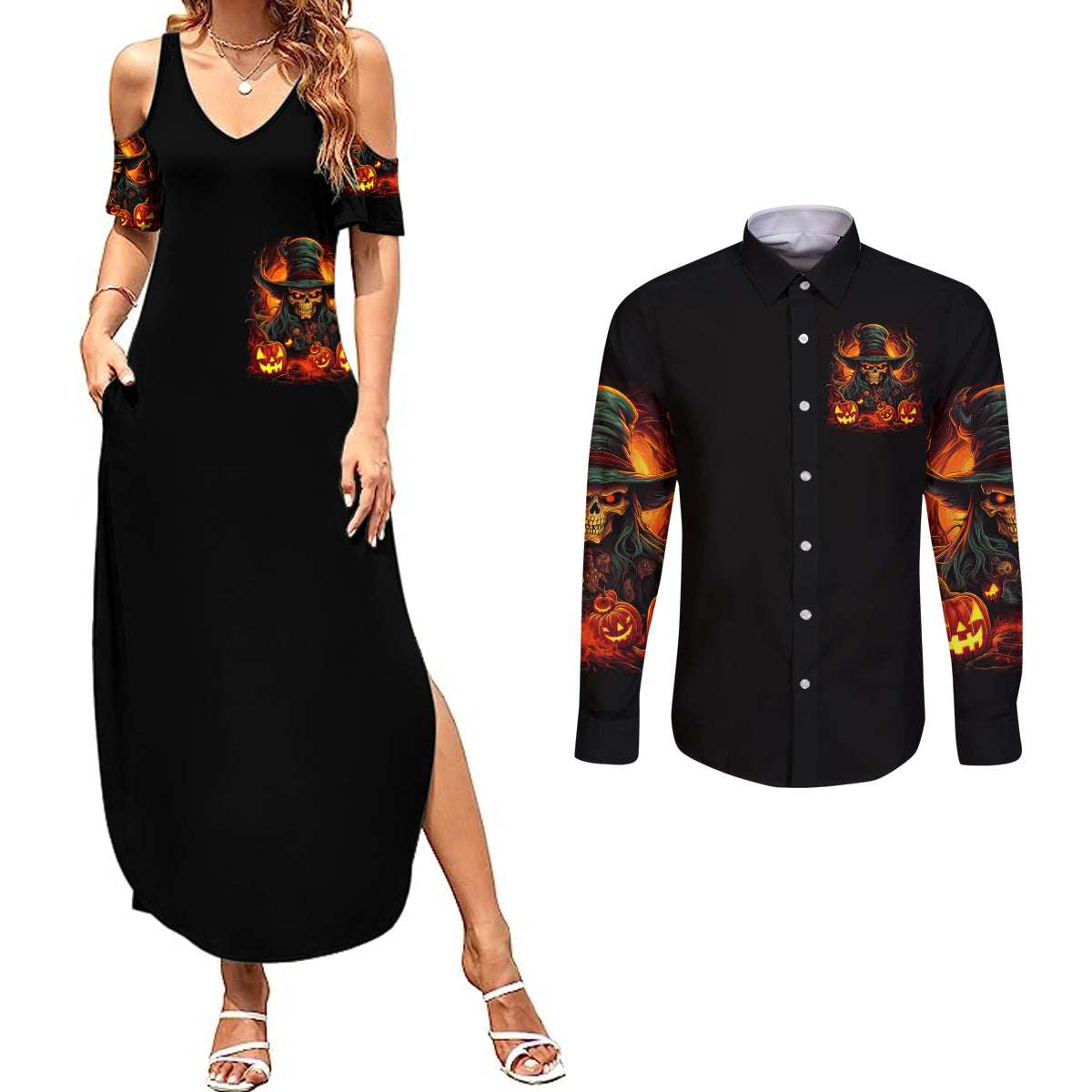 witch-skull-couples-matching-summer-maxi-dress-and-long-sleeve-button-shirts-witches-with-hitches