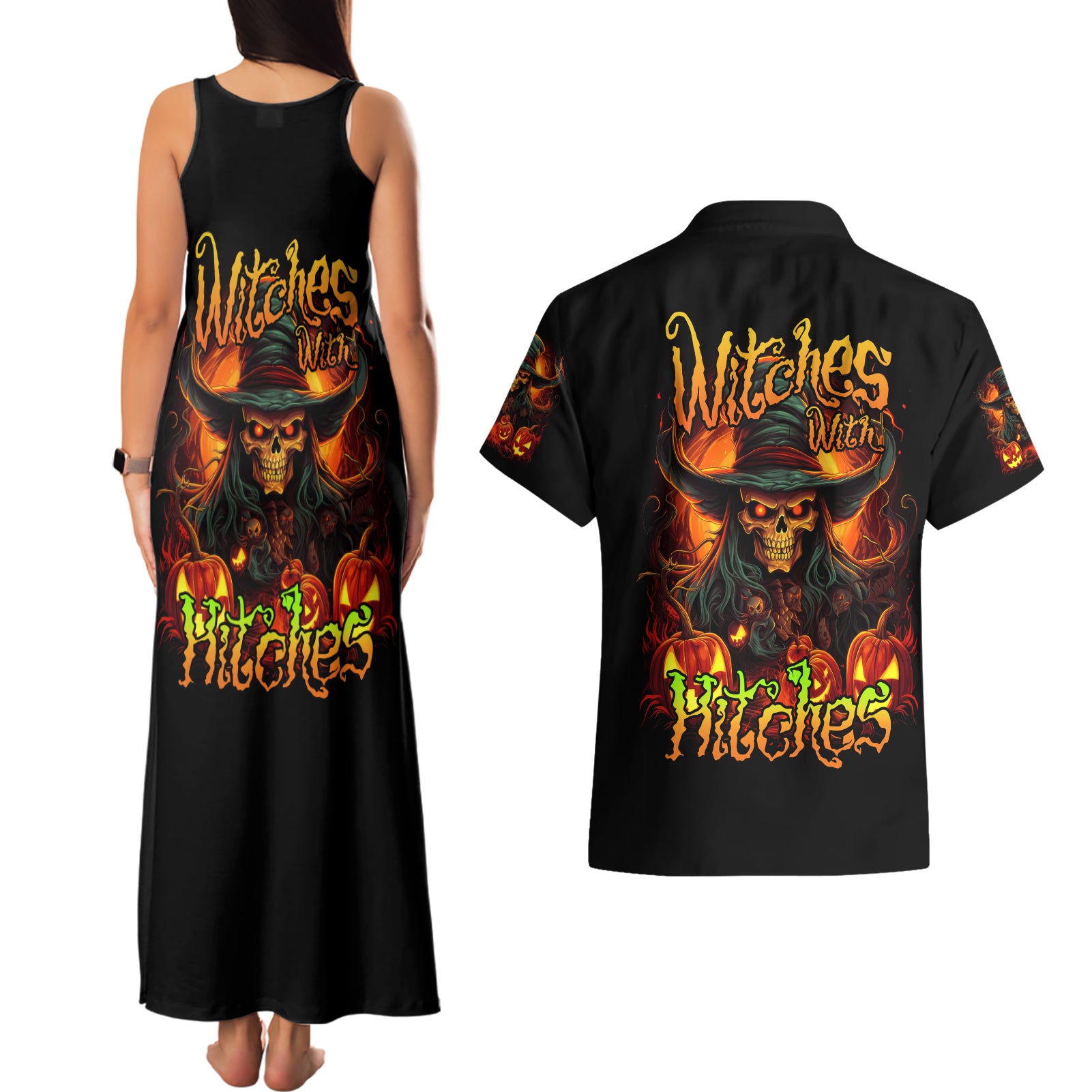 Witch Skull Couples Matching Tank Maxi Dress and Hawaiian Shirt Witches With Hitches