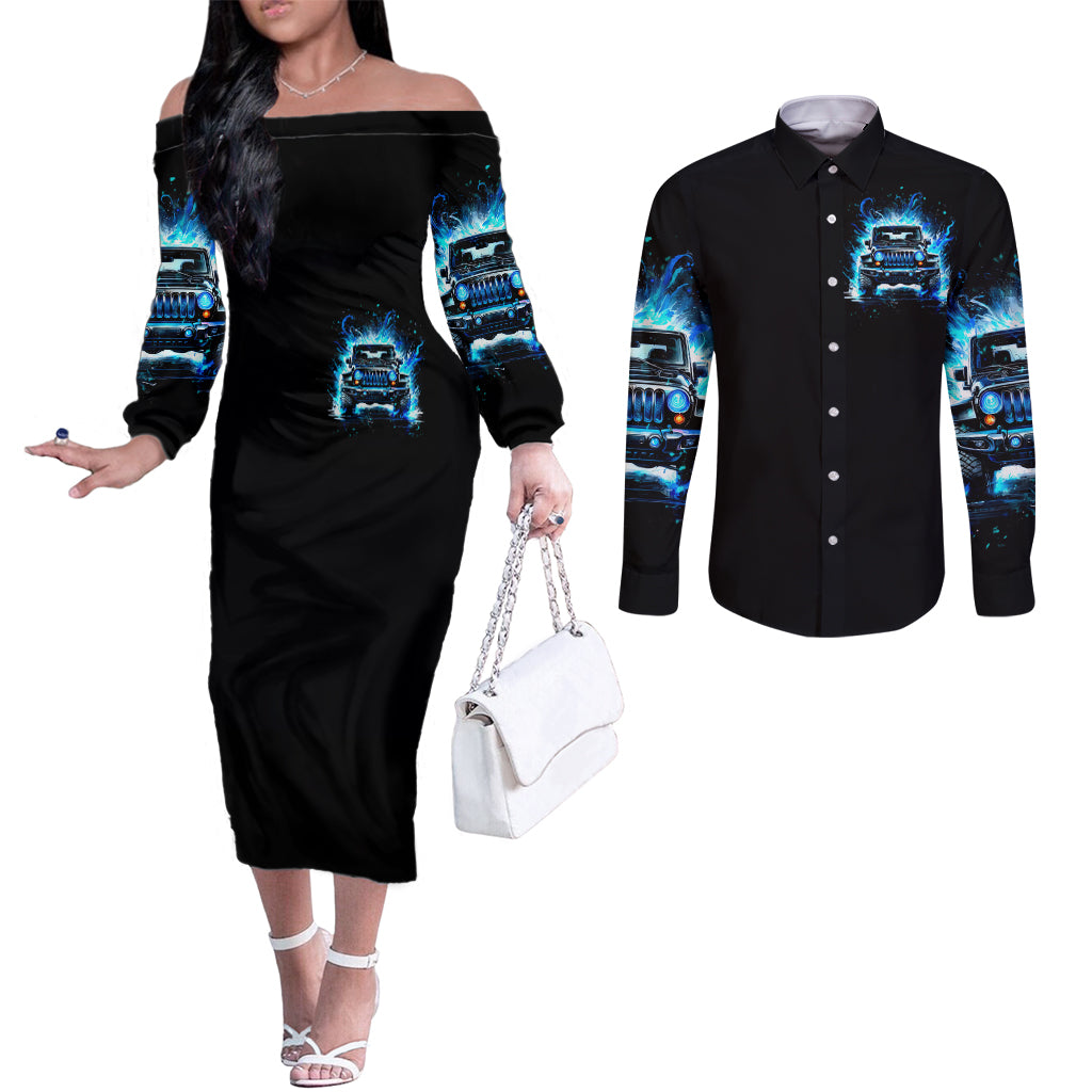 Flame Jeep Couples Matching Off The Shoulder Long Sleeve Dress and Long Sleeve Button Shirt I'm The Black Jeep Of The Family