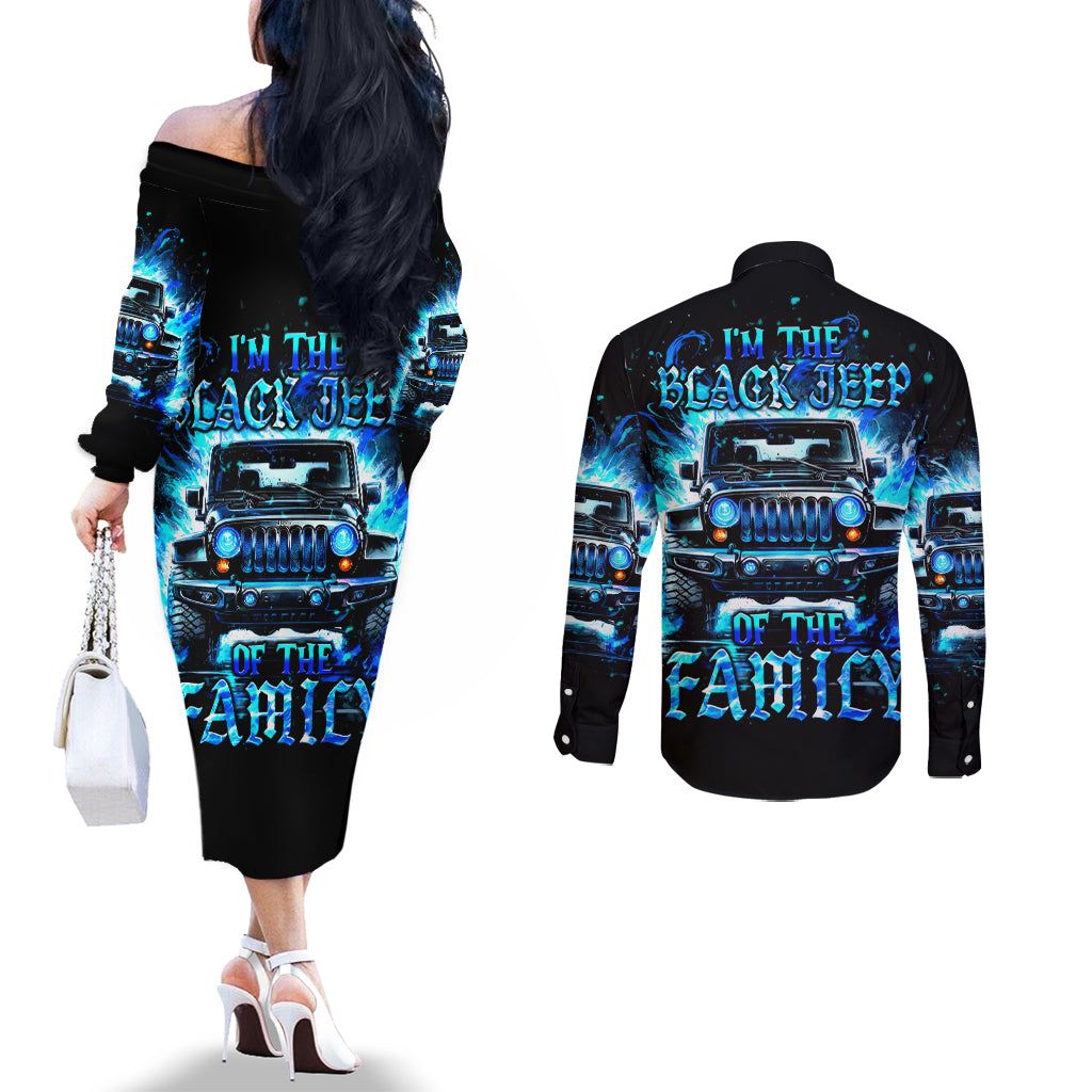 Flame Jeep Couples Matching Off The Shoulder Long Sleeve Dress and Long Sleeve Button Shirt I'm The Black Jeep Of The Family