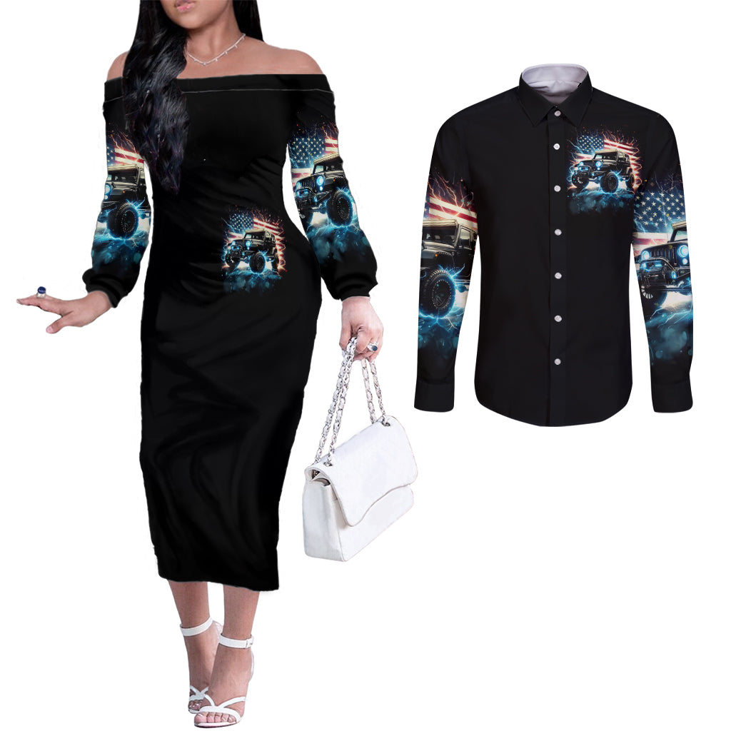 Flag Jeep Couples Matching Off The Shoulder Long Sleeve Dress and Long Sleeve Button Shirt Never Underestimate And Old Man With A Jeep