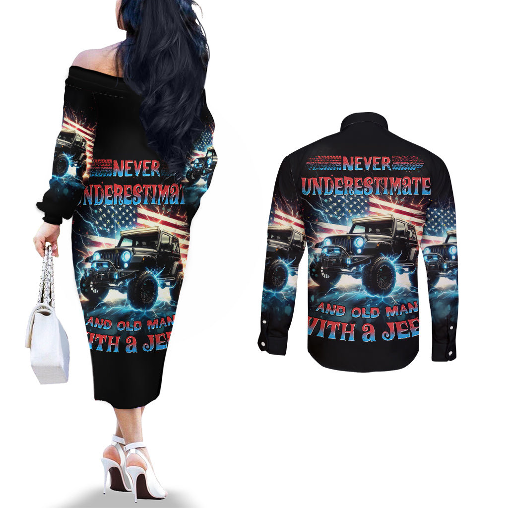 Flag Jeep Couples Matching Off The Shoulder Long Sleeve Dress and Long Sleeve Button Shirt Never Underestimate And Old Man With A Jeep