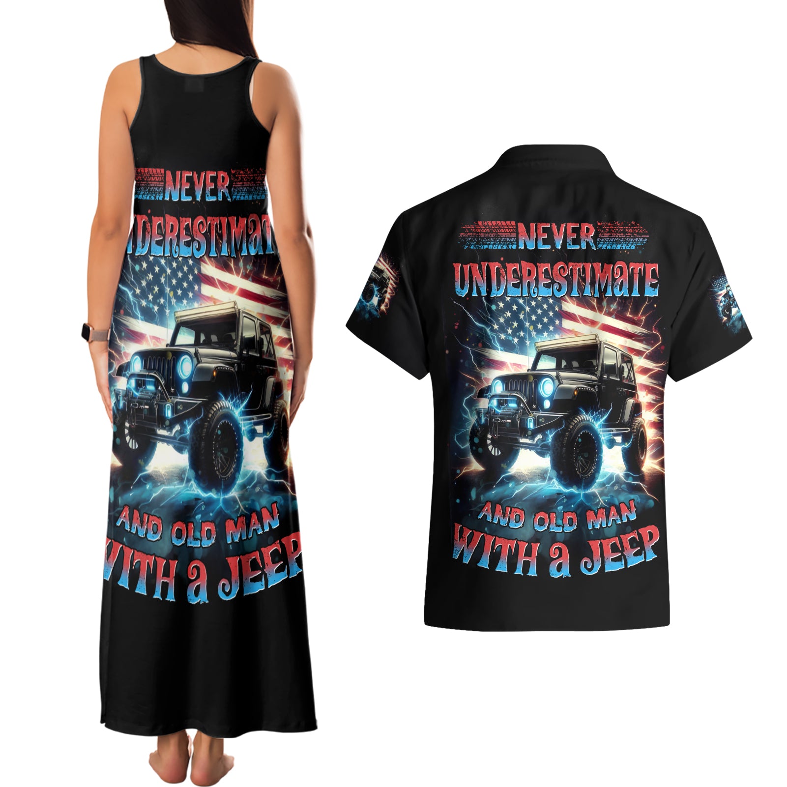 Flag Jeep Couples Matching Tank Maxi Dress and Hawaiian Shirt Never Underestimate And Old Man With A Jeep