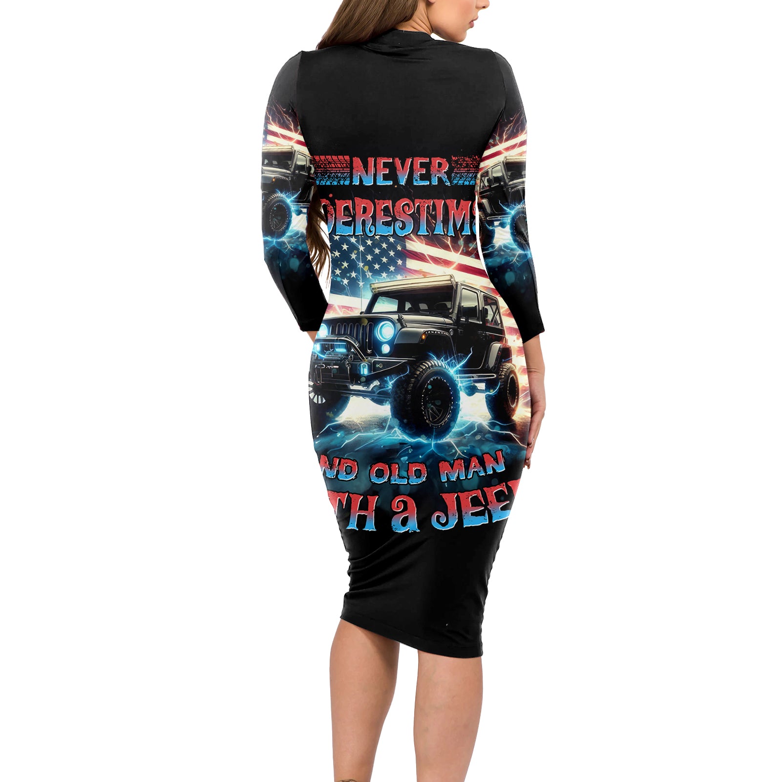 Flag Jeep Long Sleeve Bodycon Dress Never Underestimate And Old Man With A Jeep
