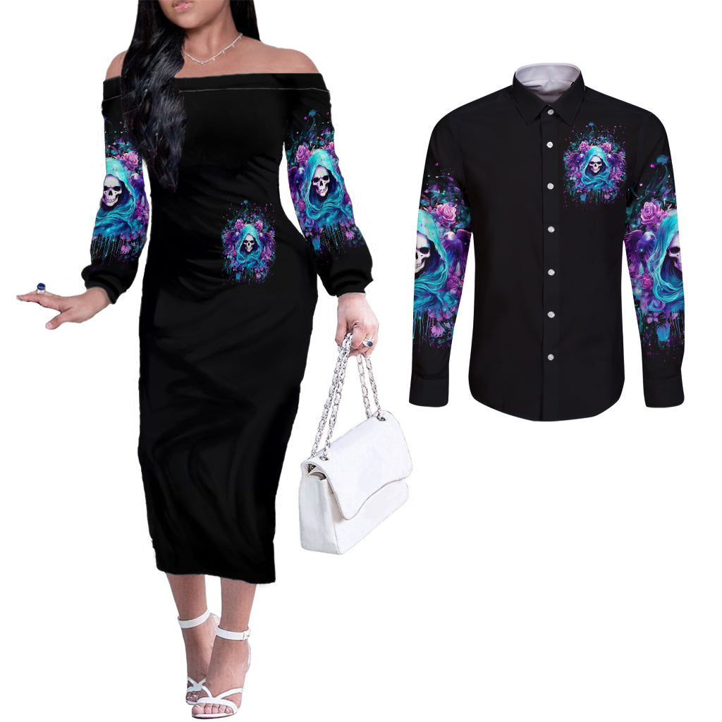 Fairy Skull Couples Matching Off The Shoulder Long Sleeve Dress and Long Sleeve Button Shirt Once Upon A Time I Was Sweet And Innocent And Then Shit Happens