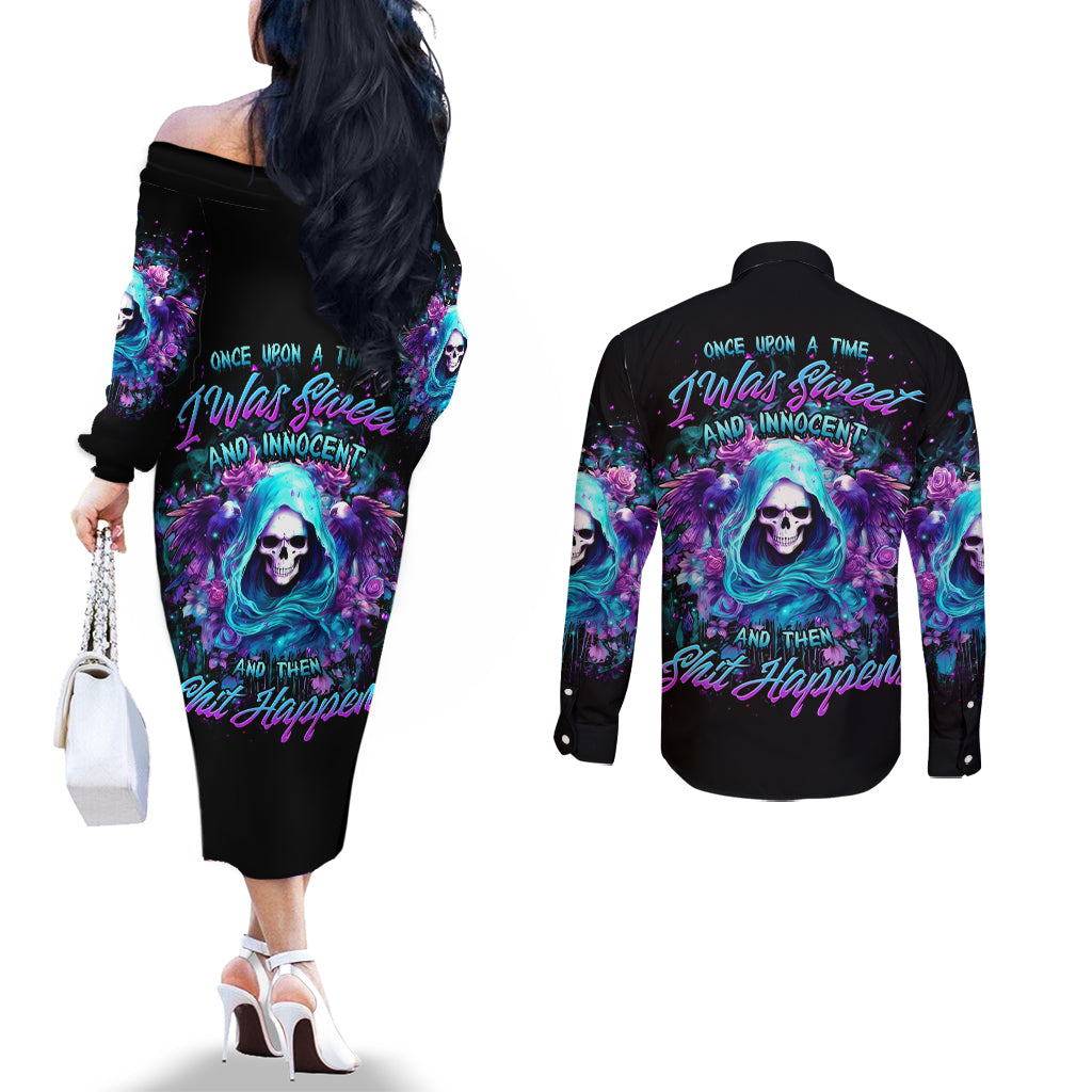Fairy Skull Couples Matching Off The Shoulder Long Sleeve Dress and Long Sleeve Button Shirt Once Upon A Time I Was Sweet And Innocent And Then Shit Happens