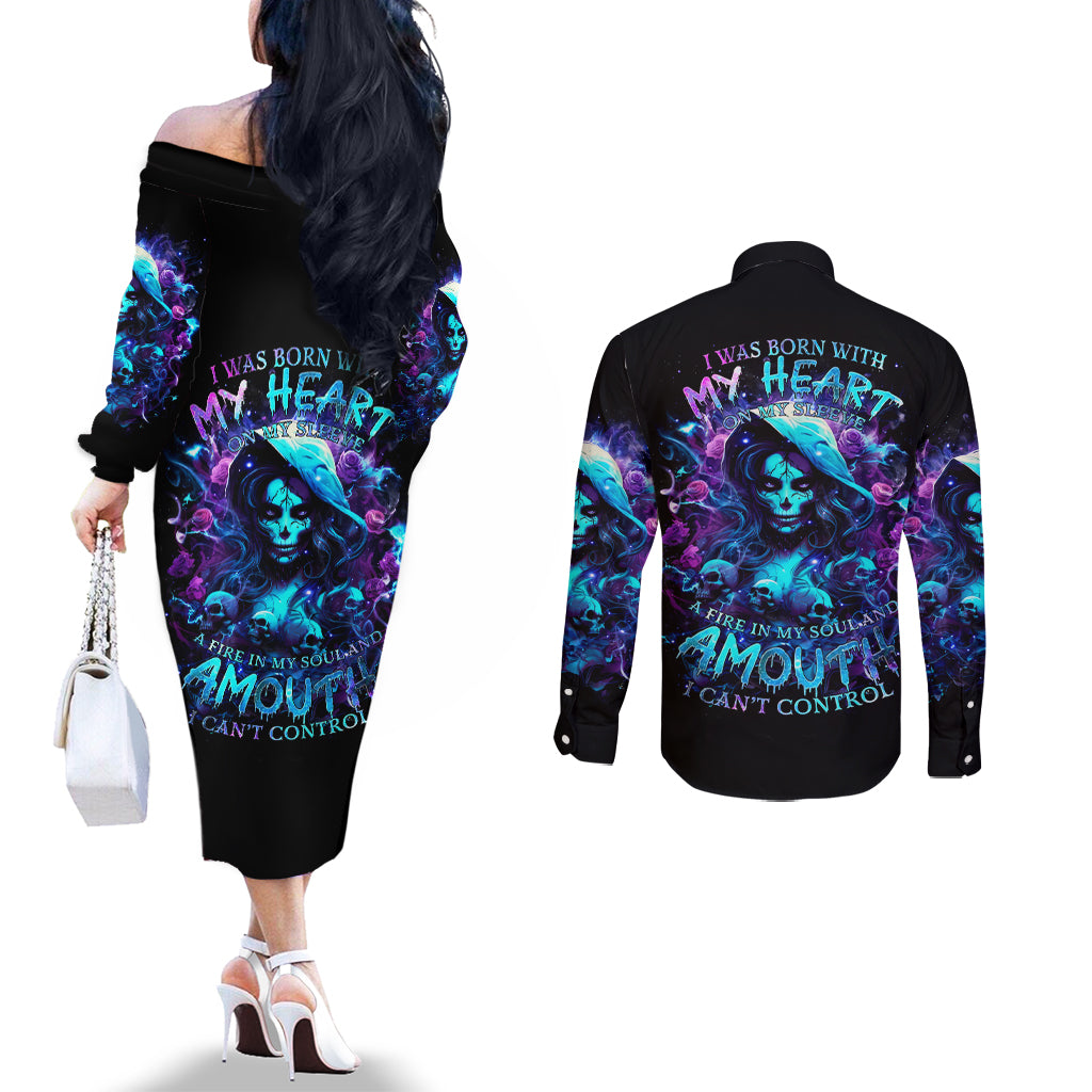 Witch Skull Couples Matching Off The Shoulder Long Sleeve Dress and Long Sleeve Button Shirt I Was Born With My Heart On My Sleeve A Fire In My Soul And Amout Can't Control
