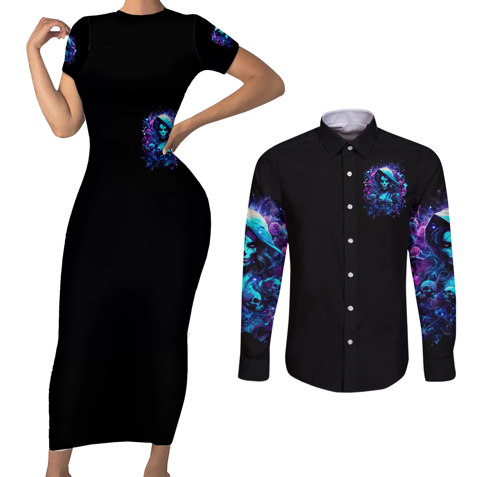 Witch Skull Couples Matching Short Sleeve Bodycon Dress and Long Sleeve Button Shirt I Was Born With My Heart On My Sleeve A Fire In My Soul And Amout Can't Control