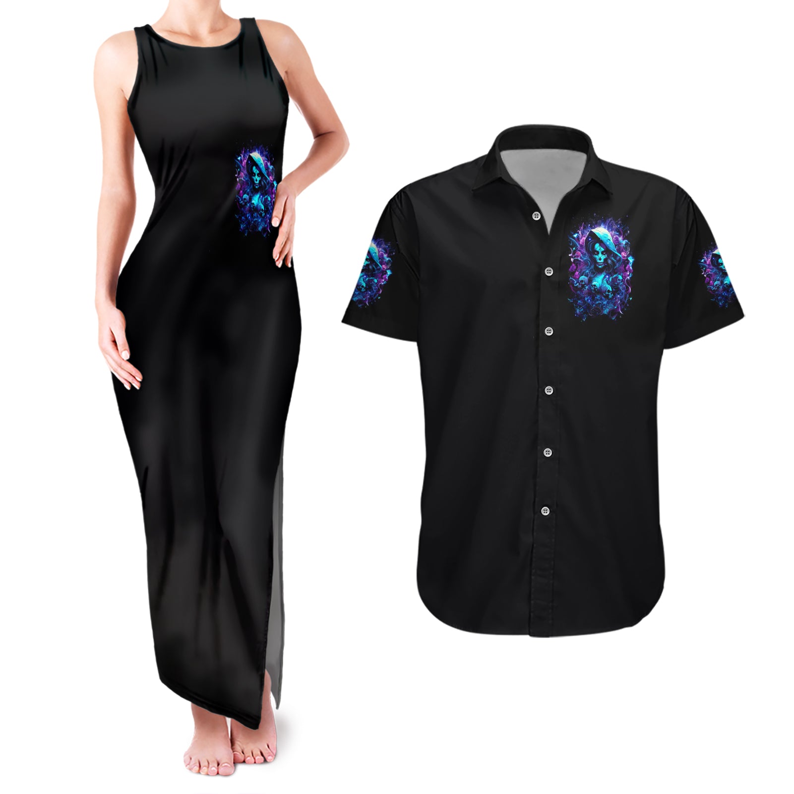Witch Skull Couples Matching Tank Maxi Dress and Hawaiian Shirt I Was Born With My Heart On My Sleeve A Fire In My Soul And Amout Can't Control