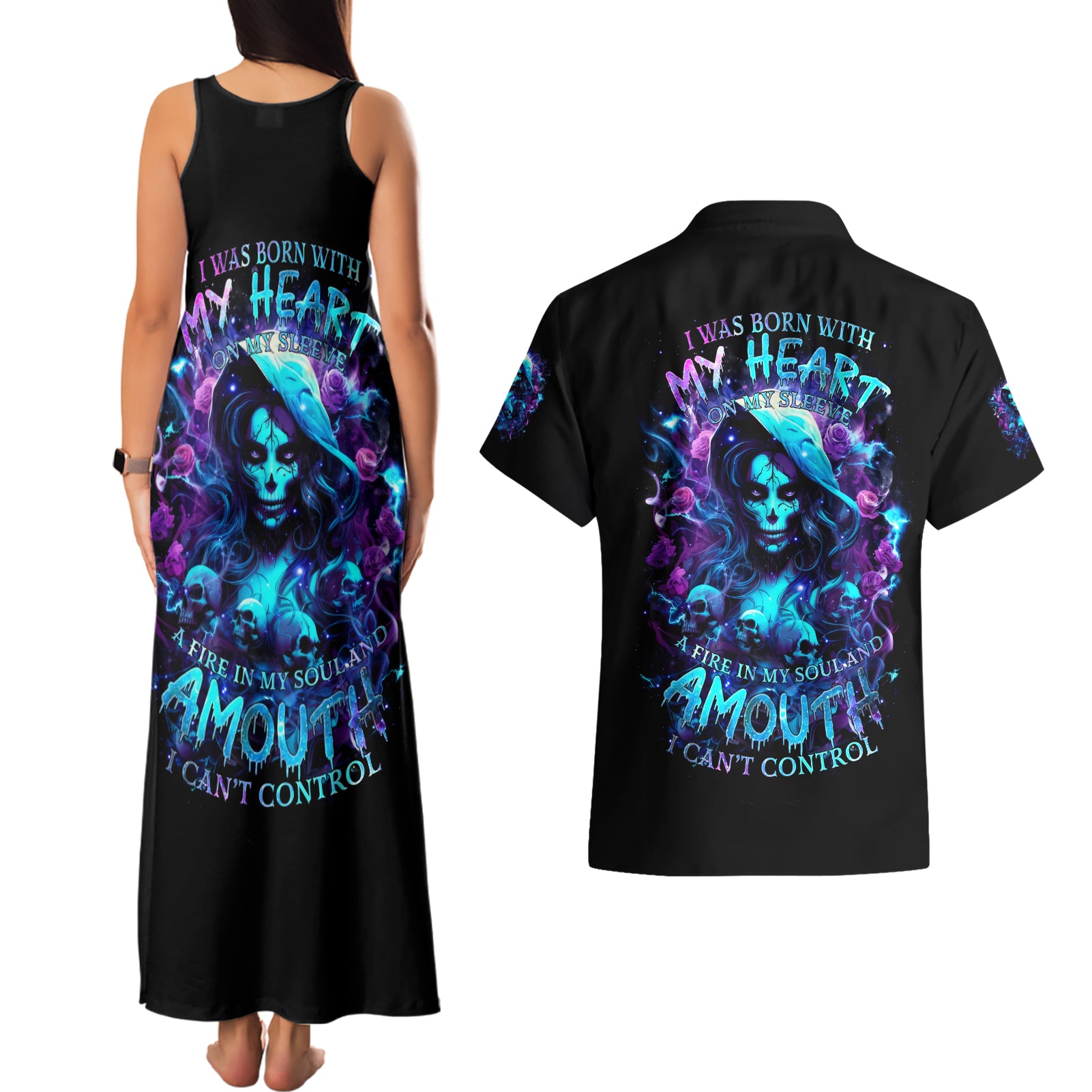Witch Skull Couples Matching Tank Maxi Dress and Hawaiian Shirt I Was Born With My Heart On My Sleeve A Fire In My Soul And Amout Can't Control