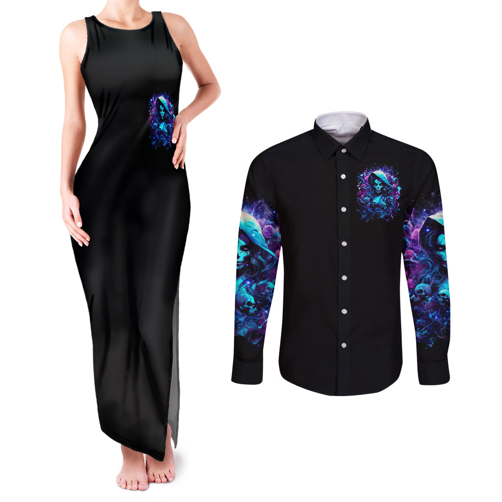 Witch Skull Couples Matching Tank Maxi Dress and Long Sleeve Button Shirt I Was Born With My Heart On My Sleeve A Fire In My Soul And Amout Can't Control