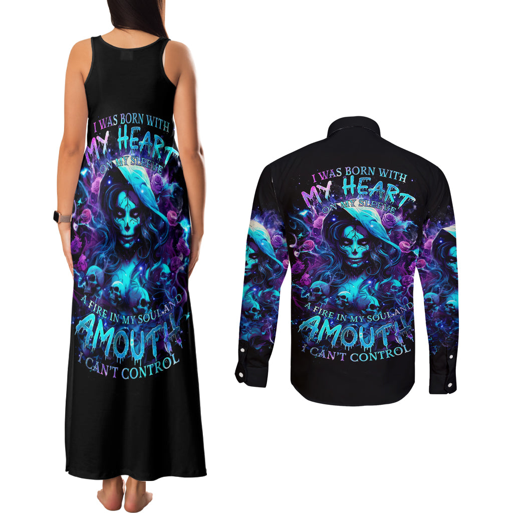 Witch Skull Couples Matching Tank Maxi Dress and Long Sleeve Button Shirt I Was Born With My Heart On My Sleeve A Fire In My Soul And Amout Can't Control