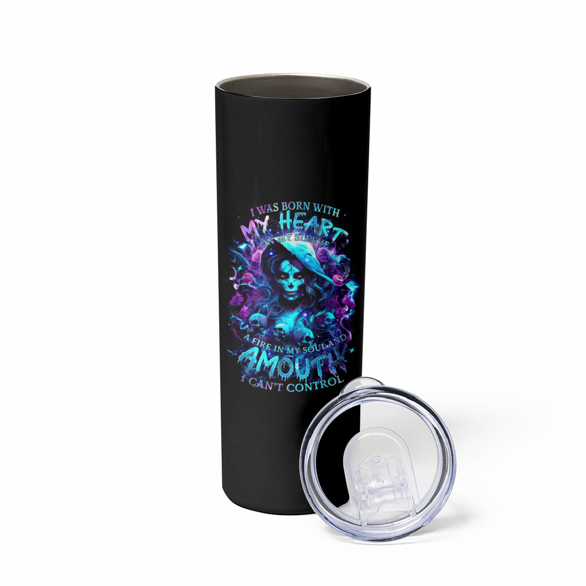 Witch Skull Skinny Tumbler I Was Born With My Heart On My Sleeve A Fire In My Soul And Amout Can't Control
