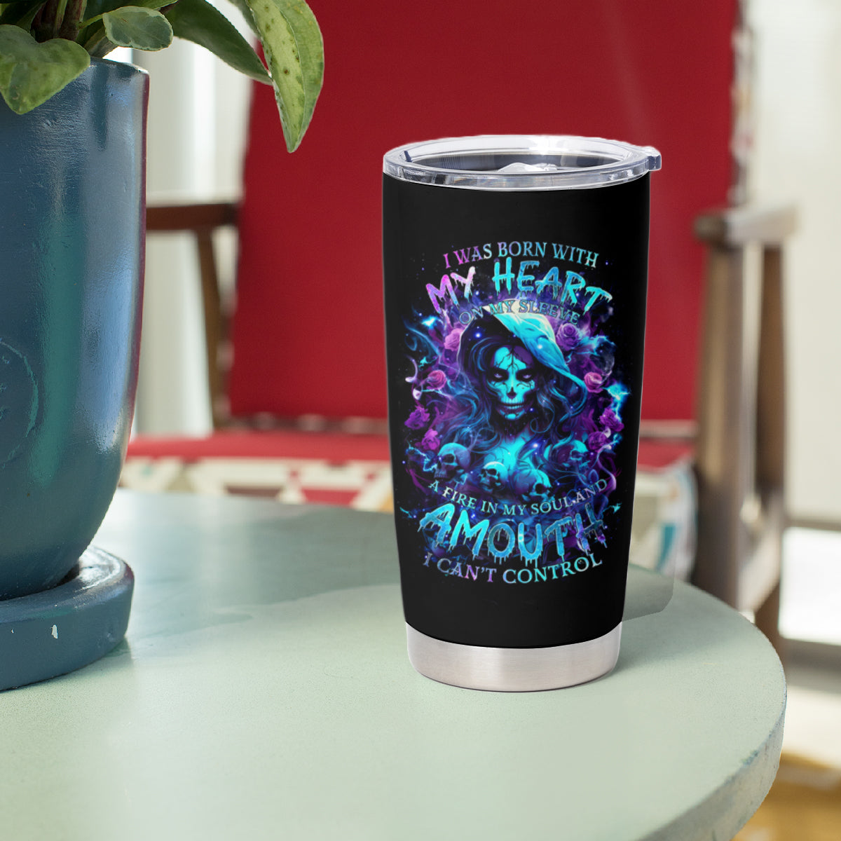 Witch Skull Tumbler Cup I Was Born With My Heart On My Sleeve A Fire In My Soul And Amout Can't Control