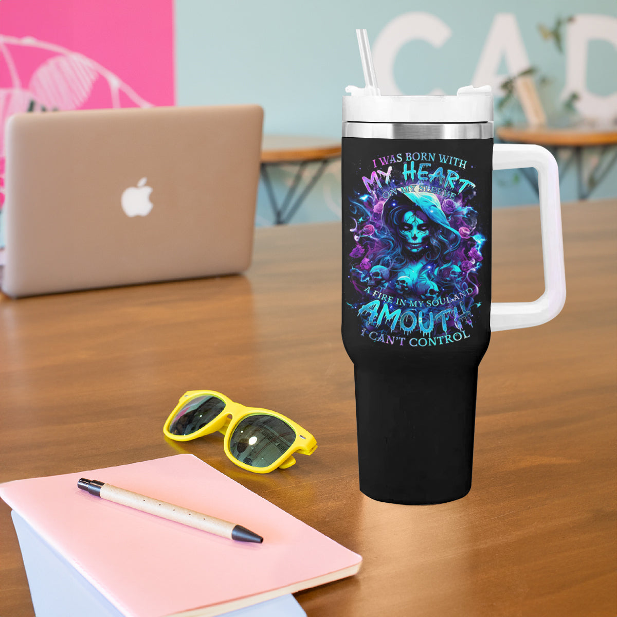 Witch Skull Tumbler With Handle I Was Born With My Heart On My Sleeve A Fire In My Soul And Amout Can't Control