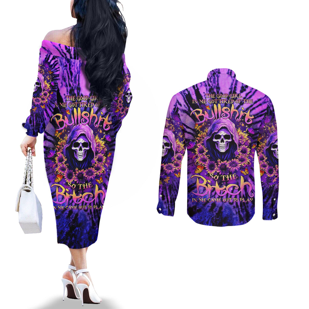 Sunflower Skull Couples Matching Off The Shoulder Long Sleeve Dress and Long Sleeve Button Shirt The Good Girl In Me Got Tired Of The Bullshit