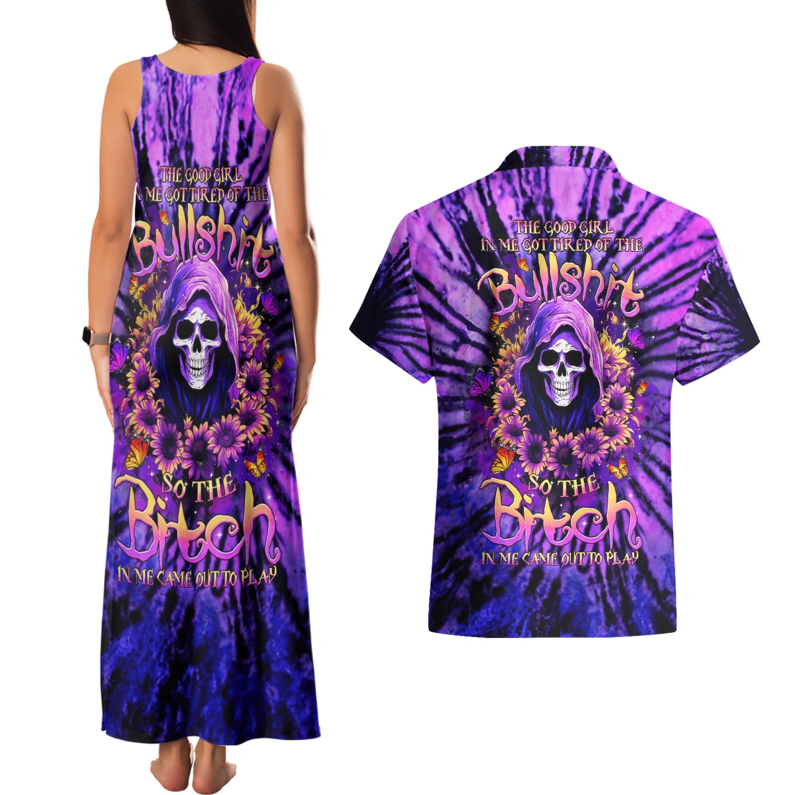 Sunflower Skull Couples Matching Tank Maxi Dress and Hawaiian Shirt The Good Girl In Me Got Tired Of The Bullshit