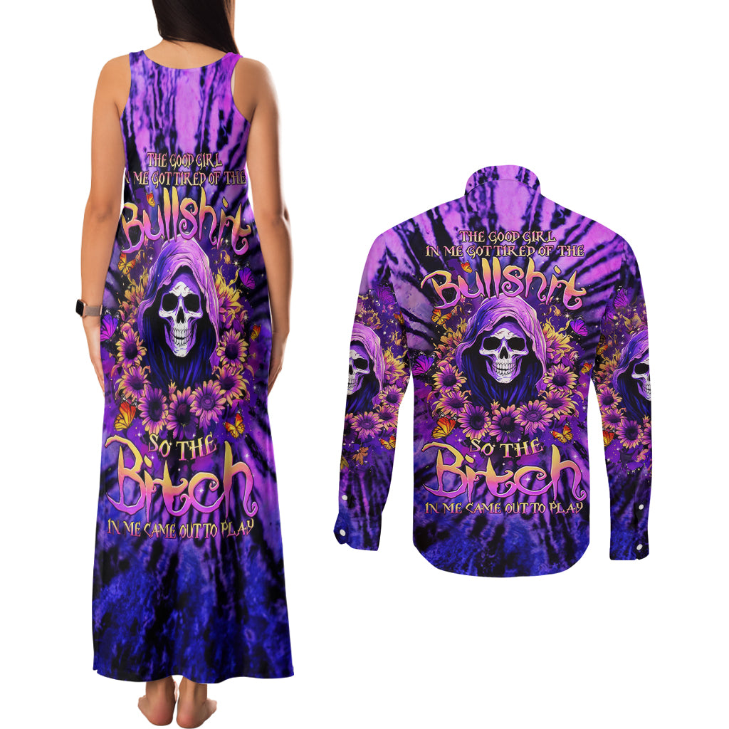 Sunflower Skull Couples Matching Tank Maxi Dress and Long Sleeve Button Shirt The Good Girl In Me Got Tired Of The Bullshit