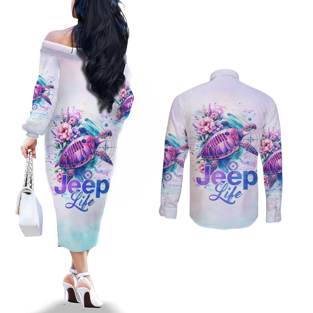 Jeep Life Couples Matching Off The Shoulder Long Sleeve Dress and Long Sleeve Button Shirt Sea Turtle Jeep