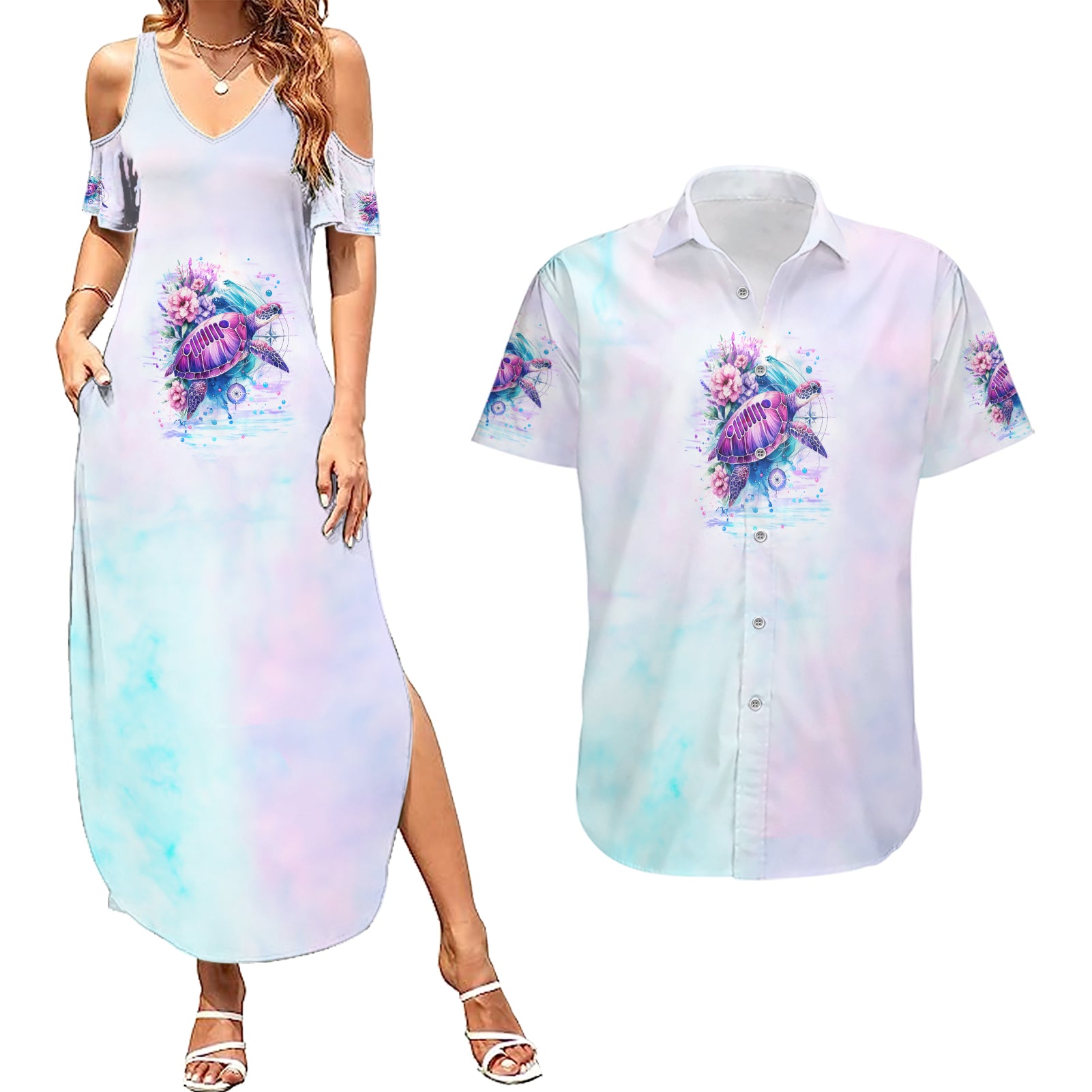 Jeep Life Couples Matching Summer Maxi Dress and Hawaiian Shirt Sea Turtle Jeep