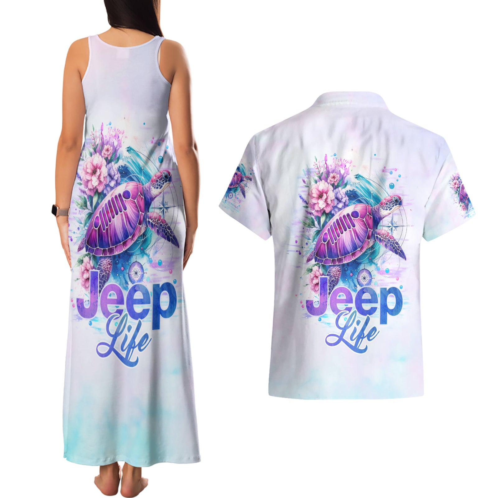 Jeep Life Couples Matching Tank Maxi Dress and Hawaiian Shirt Sea Turtle Jeep