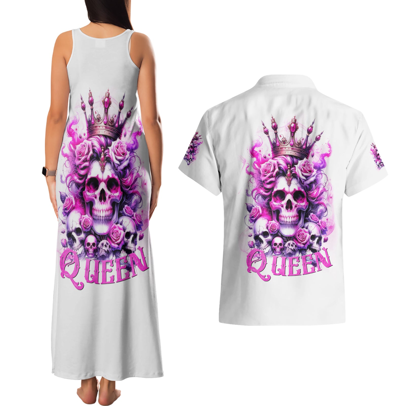 Rose Skull Couples Matching Tank Maxi Dress and Hawaiian Shirt Queen Skull