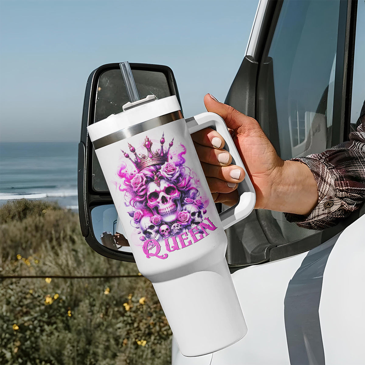 Rose Skull Tumbler With Handle Queen Skull