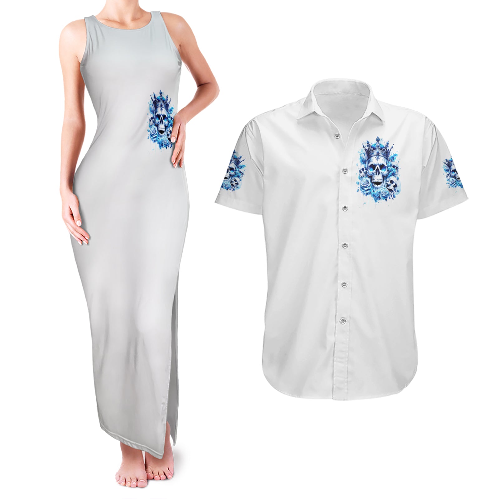 Rose Skull Couples Matching Tank Maxi Dress and Hawaiian Shirt King Skull