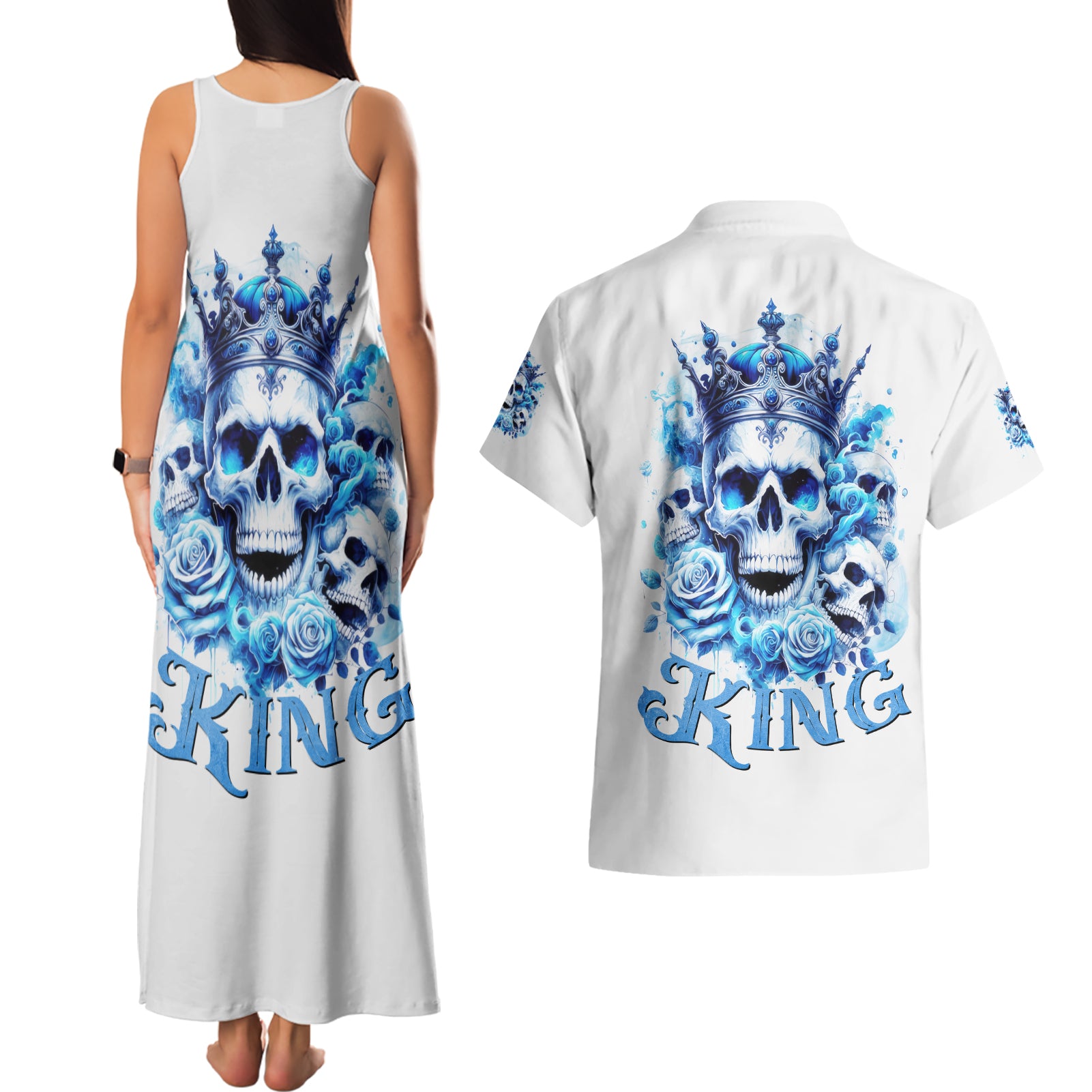 Rose Skull Couples Matching Tank Maxi Dress and Hawaiian Shirt King Skull