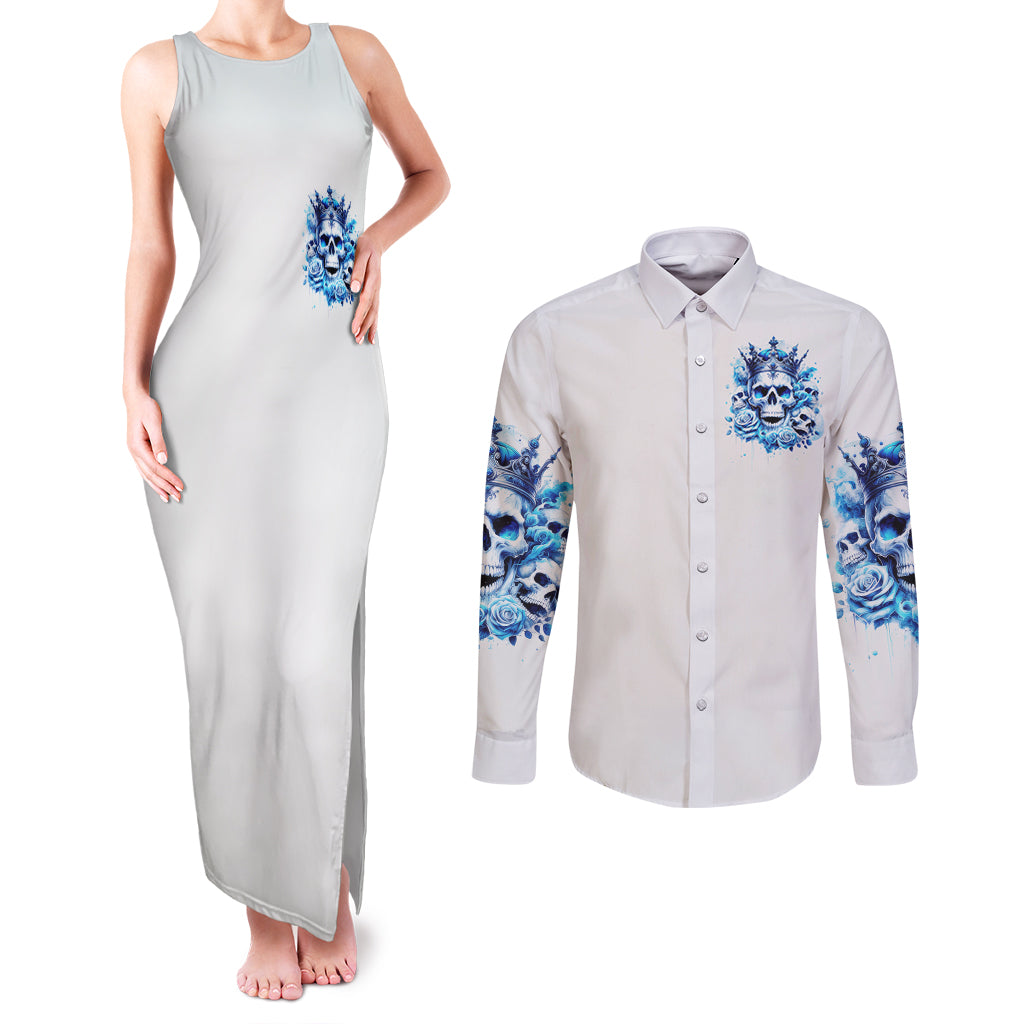 Rose Skull Couples Matching Tank Maxi Dress and Long Sleeve Button Shirt King Skull
